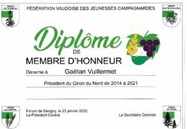 Diplôme membre d'honneur, Gaetan Vuillermet