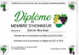 Diplôme membre d'honneur, Damien Bourloud