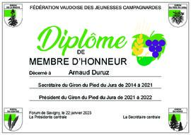 Diplôme membre d'honneur, Arnaud Duruz